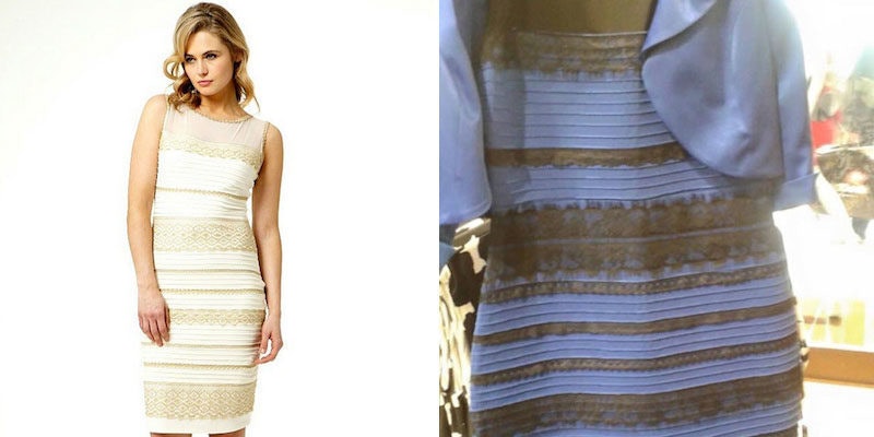 blue and black dress or white and gold